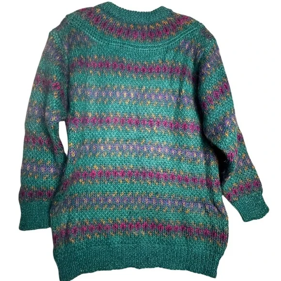 Vintage 80s Michelle Stuart Mohair Wool Fair Isle Sweater‎ Teal Woman Sz M - Picture 11 of 16